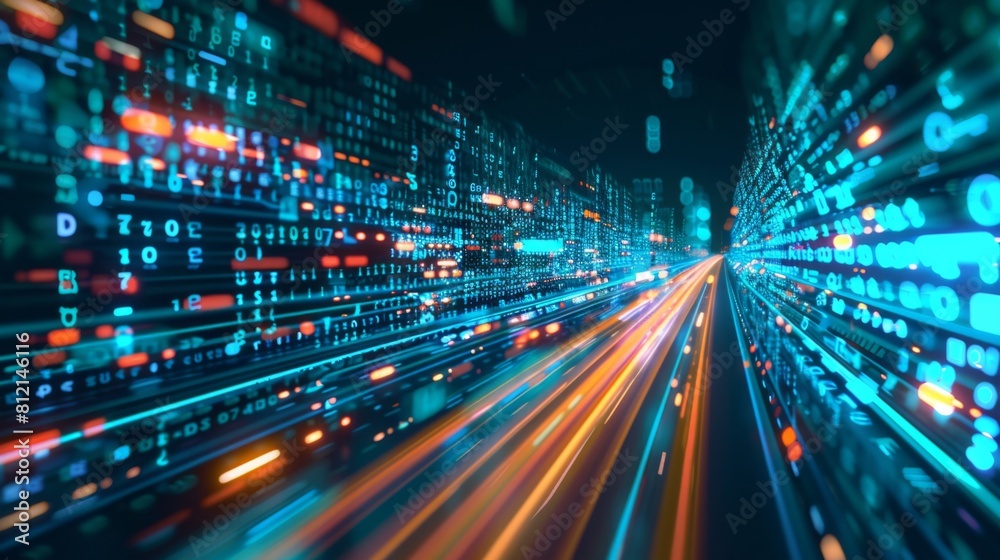 Leinwandbilder Digital data flow on road with motion blur to create vision of fast speed transfer . Concept of future digital transformation , disruptive innovation and agile