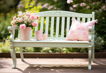 Romantic detail of the watering can with beautiful flowers on a garden bench, to beautify the garden