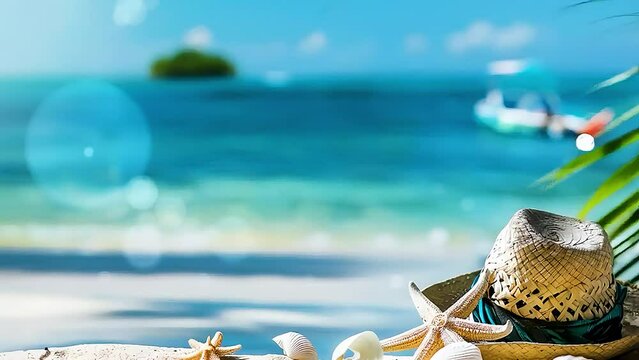 Tropical beach vacation scene straw hat starfish shells bokeh