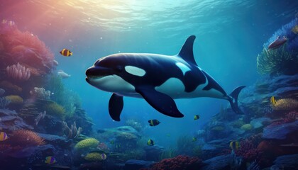 Fototapeta premium The Orcinus Orca in the ocean, portrait of Orca hunting prey in the underwater