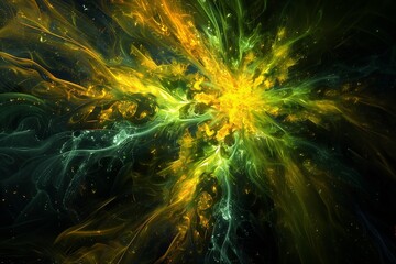 An intriguing digital art piece resembling a neural network or explosion with vibrant yellow and green hues against a stark black background