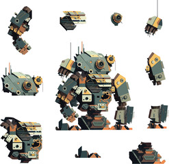 Disassembled robot mech style concept illustration. Indie game design vector graphics.