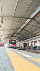 Low angle view of a modern commuter train entering to a classic styled railway station platform with safety speed