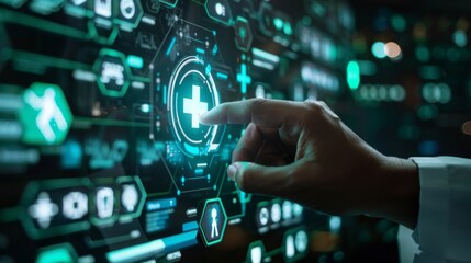 Doctor hand pressing futuristic health device with medical symbol on screen