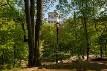 Bright spring in Gomel park. Sun, flowers, alleys in flower beds in a city park.