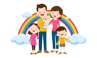 Happy big family in front of house ,rainbow