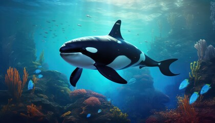 Fototapeta premium The Orcinus Orca in the ocean, portrait of Orca hunting prey in the underwater