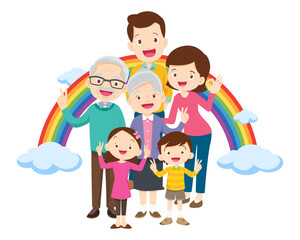 Happy big family in front of house ,rainbow