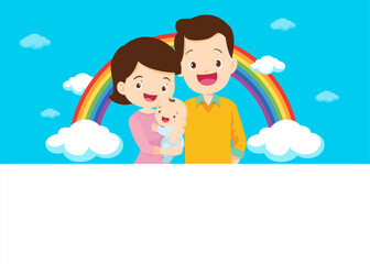 Happy big family in front of house ,rainbow