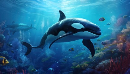 Obraz premium The Orcinus Orca in the ocean, portrait of Orca hunting prey in the underwater