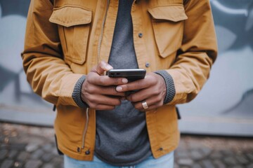 closeup of man hands on a phone browsing on social media while standing outdoors in the city street. guy reading an article or blog on a website with a smartphone in an urban town road