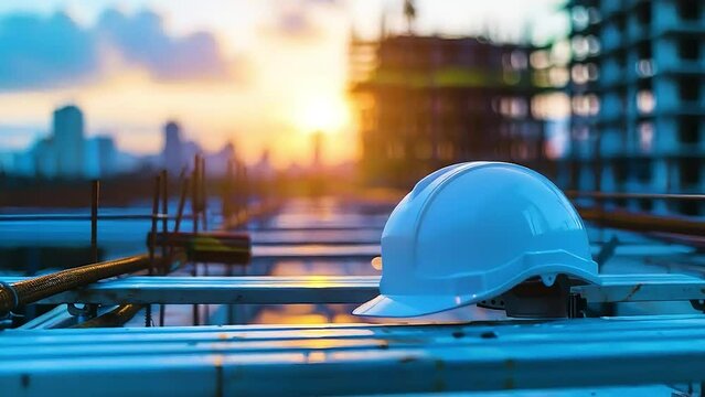 A construction site with  a white hard hat  in the foreground and  a building  in soft focus in the background.
