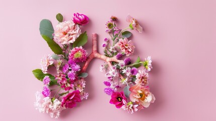 Flowers on a colored background in the shape of human lungs. Allergies, asthma. The harm of smoking to humans.