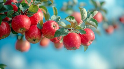 Apple tree branch with red apples on the background of blue sky