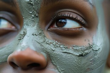 Young African American woman with clay mask on face, beauty treatments at home, skin care concept