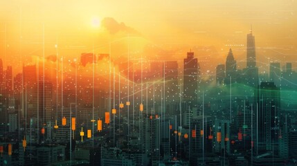 Economic crisis concept shown by declining graphs and digital indicators overlap modernistic city background. Double exposure.