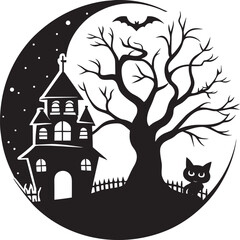 Halloween background with black cat, haunted house and tree. Vector illustration.