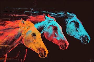 Three horses of different colors are running in a race