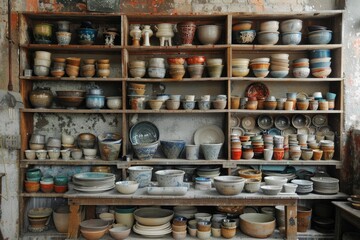 Professional pottery workshop warehouse with dishes and vases