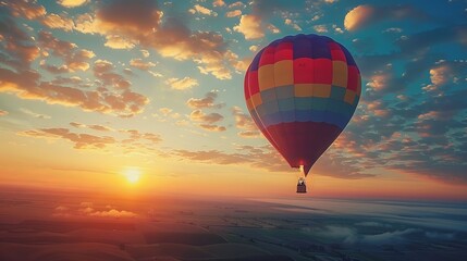 The vibrant colors of a hot air balloon rising against a sunrise sky.