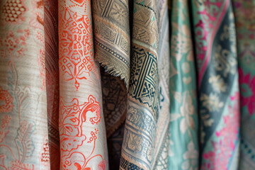 A vibrant display of colorful fabrics at a market stall, showcasing traditional textiles from around the world