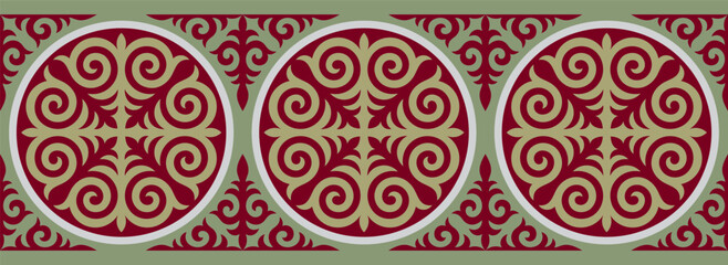 Kazakh ornaments. Strip of plant patterns. Ethno style.  Horizontal patterned design. Traditional patterns of Kazakhs. Ancient Turkic ornaments. Traditions of Kazakhstan. Decorative art of nomads. 