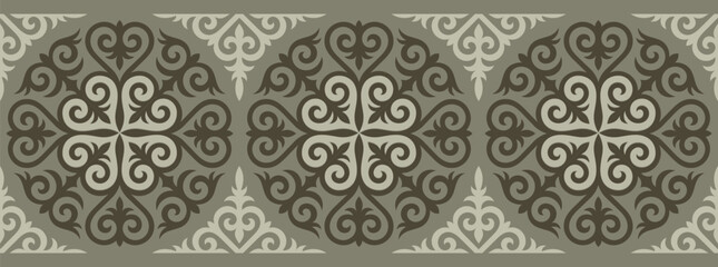Kazakh ornaments. Strip of plant patterns. Ethno style.  Horizontal patterned design. Traditional patterns of Kazakhs. Ancient Turkic ornaments. Traditions of Kazakhstan. Decorative art of nomads. 