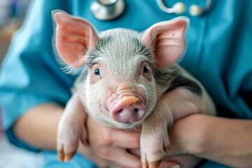veterinarian examines a piglet pig in a veterinary clinic