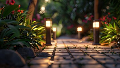 Twilight Ambiance: Lamps Casting Warm Light Along a Walkway. Generative AI