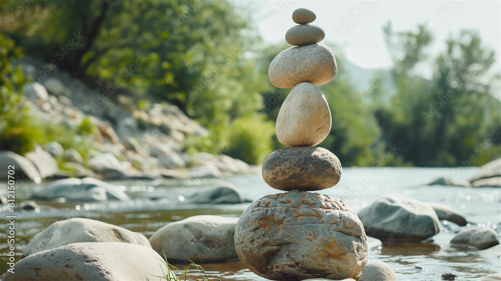 Wall mural Natural stones of different sizes lie stacked on top of each other on the river bank. The art of balance, rock balancing.