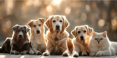 Group of cats and dogs posing for pet lovers looking at camera. Concept Pets Photoshoot, Cat and Dog Poses, Animal Portraits, Pet Lovers, Group Photoshoot