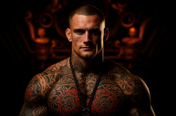 Courageous adult man with a muscular body poses for the camera. Concept: influential stylish man with tattoos and hairstyle