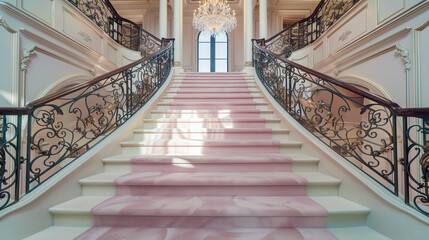 Lavish foyer with pastel pink carpeted stairs adorned with intricate ironwork on the balustrades and a grand crystal chandelier hanging from the ceiling