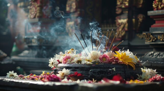 The image shows a close-up of a Hindu temple with offerings of flowers and incense.