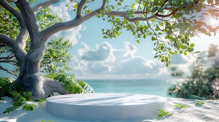 Ocean View Product Display Podium Under Tree, White circular podium on a sandy beach, framed by an ancient tree with sprawling branches, overlooking a serene ocean.