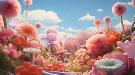 A vibrant and colorful pop landscape design featuring a surreal garden of oversized flowers and whimsical plants