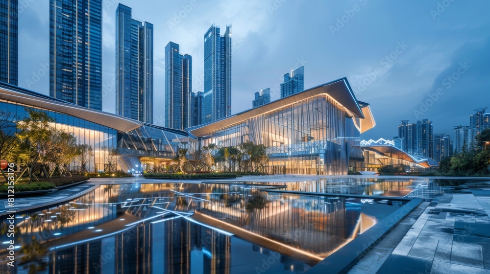 Aufkleber Light trace of modern architecture background in Shenzhen Financ