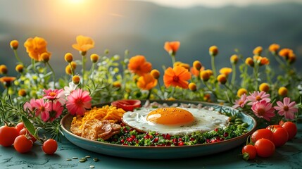 Creative Breakfast Plate Illustrating a Vibrant Sunrise Scene in Pop Art Style