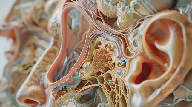 The image shows a close-up of the human ear and the surrounding bones and nerves.