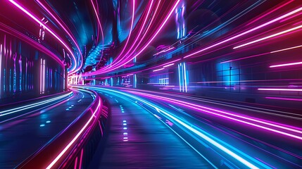Vibrant neon lights line a futuristic tunnel