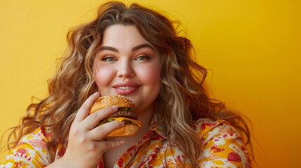 fat woman with burger on isolated background
