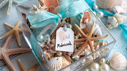 Underwater Eid Magic: Colorful Seashells in Clear Box, Shimmering Blue Ribbon, Eid Mubarak Tag