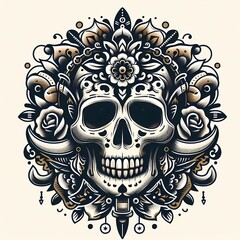 Black and White Tattoo Skull Illustration. isolated on white background