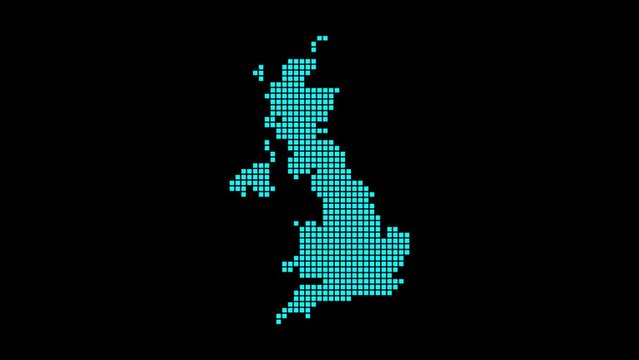 United Kingdom digital map. Map of United Kingdom in dotted style. Shape of the country filled with rectangles. Radiant video.