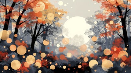 Stylized illustration of autumn in a forest, in black, yellow and reds