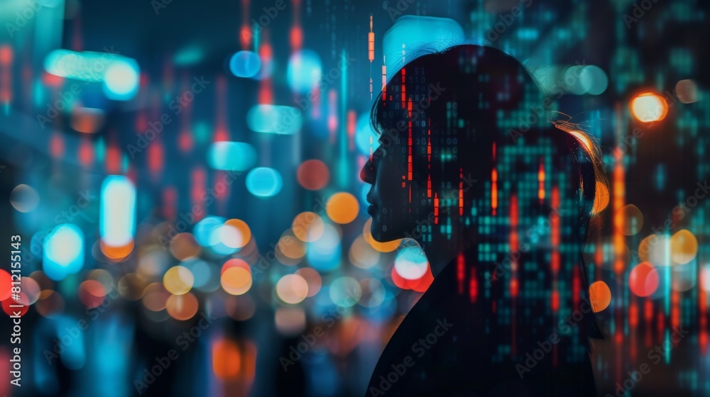 Poster market trading stock index number and graph on black blue digital technology blur city light line an