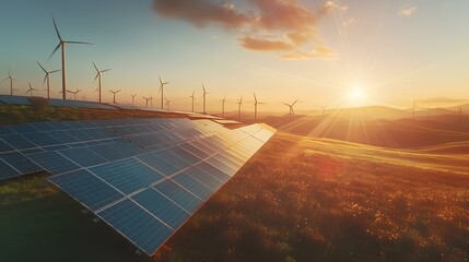 Alternative energy sources. Wind turbines and solar panels at sunset.