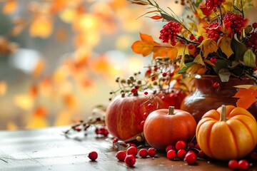 Warm still life of autumn decorations with pumpkins and berries