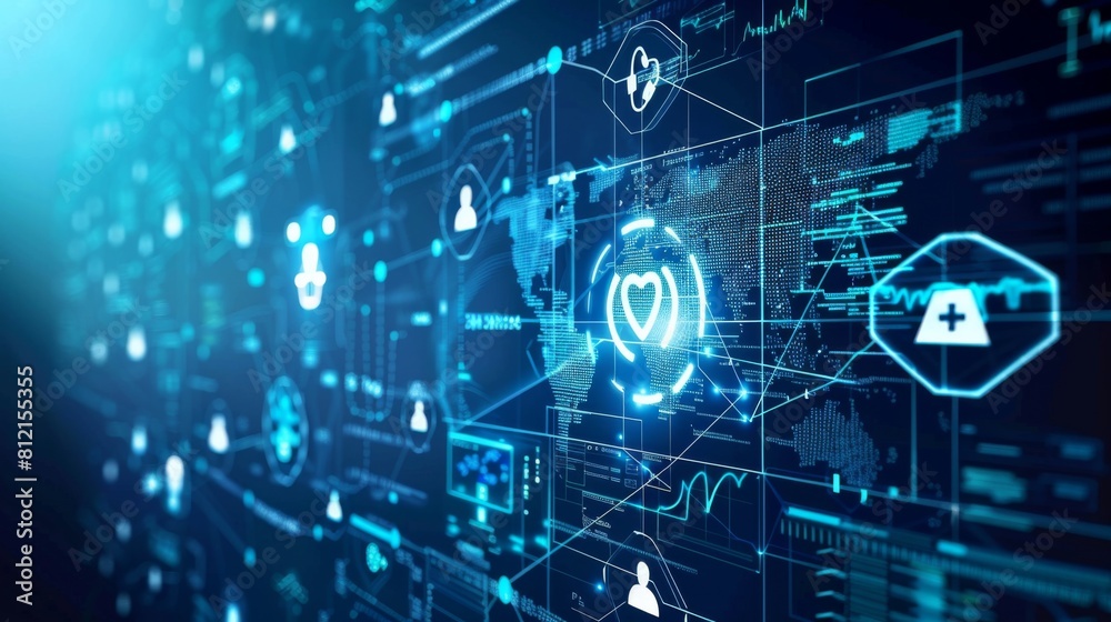 Aufkleber medical abstract, healthcare networking and data connected of patient on internet digital technologi