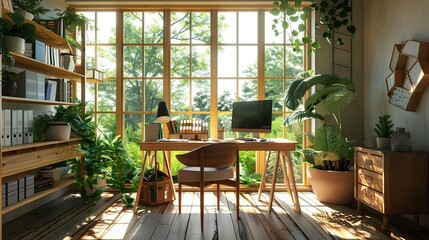 Home office with large windows, wooden desk and chair, plants, and bookshelves.